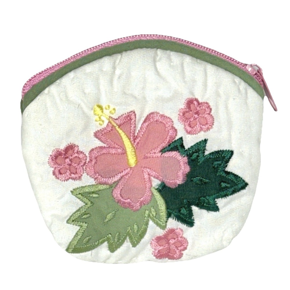 Hibiscus Floral Embroidered Coin Purse Polyester White Pink